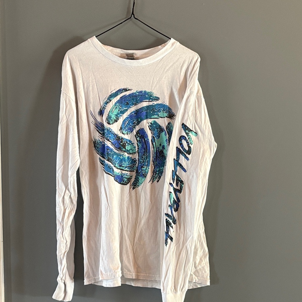Gildan White Long Sleeve Tee with Blue Graphic